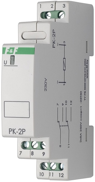 PK-2P/12. Реле промежуточное на 12В AC/DC, 8А, 2 переключающих контактов.