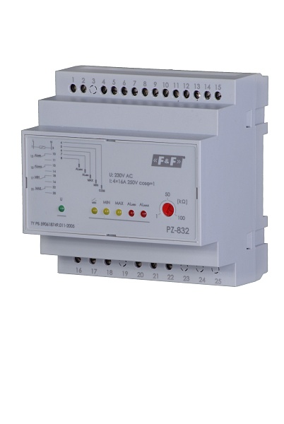 PZ-832. Реле  уровня жидкости четырехуровневое в комплекте с датчиками PZ2(5шт), контроль аварийных максимального и минимального уровней