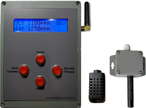 ТВСО2Рег-3Ц-3Р-ДИСТ Регулятор температуры, влажности и СО2, 3 реле, СМС-контроль, в комплекте цифровые датчики температуры, влажности, СО2