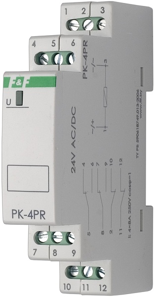 PK-4PR/12. Реле промежуточное на 12В AC/DC, 8А,2 переключающих, 2 размыкающих контактов.
