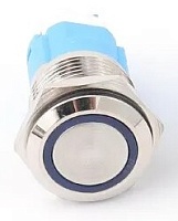 Кнопка металлическая с синей подсветкой 19мм, 12В-24В