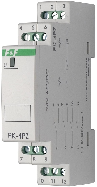 PK-4PZ/24. Реле промежуточное на 24В AC/DC, 8А, 2 переключающих, 2 замыкающих контактов