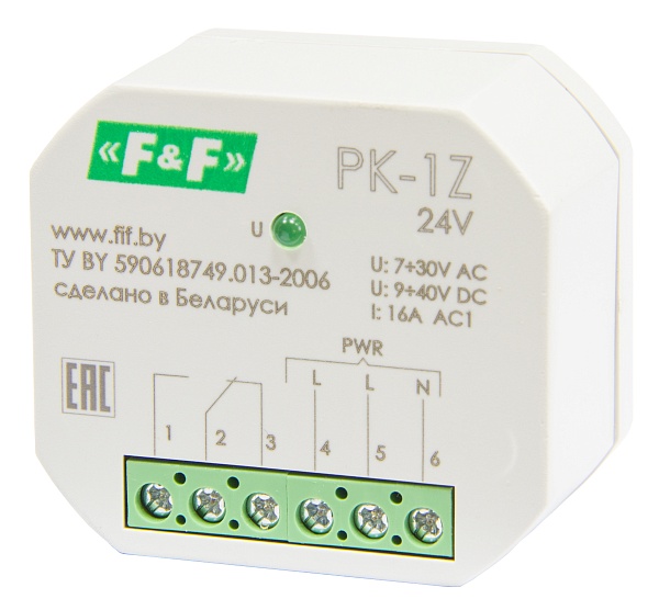 PK-1Z-24. Реле промежуточное 7-30В АС, 9-40В DC, 16А, 1 переключающий контакт.