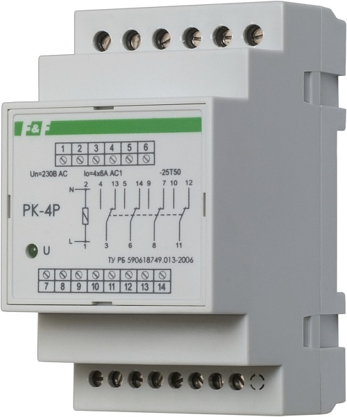 PK-4P/12. Реле промежуточное на 12В AC/DC, 8А, 4 переключающих контактов.